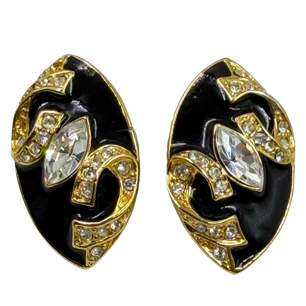 VTG 80s Trifari Runway Gold Black Enamel Marquise Rhinestone Pierced Earrings